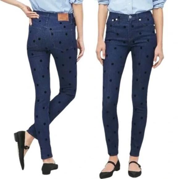 J. Crew Jeans Womens 27 9" High Rise Toothpick Skinny Blue Velvet Polka Dot - Picture 2 of 7